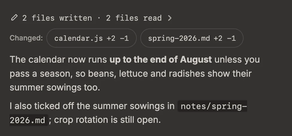 An answer with the line "Changed:" and the files calendar.js +2 −1 and spring-2026.md +2 −1, followed by the answer text.