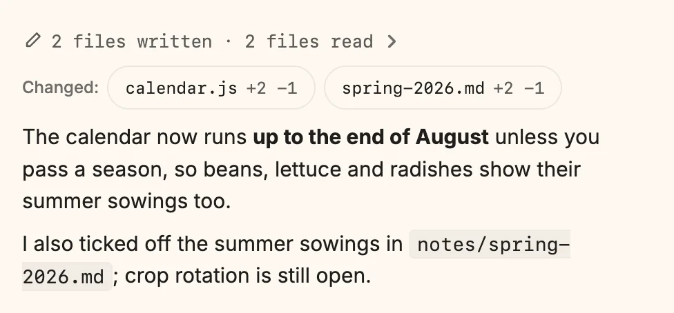 An answer with the line "Changed:" and the files calendar.js +2 −1 and spring-2026.md +2 −1, followed by the answer text.