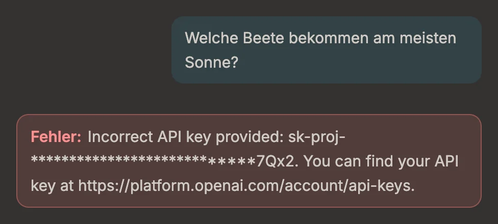 Eine Frage im Chat, darunter ein roter Kasten: „Fehler: Incorrect API key provided: sk-proj-…7Qx2. You can find your API key at https://platform.openai.com/account/api-keys.“