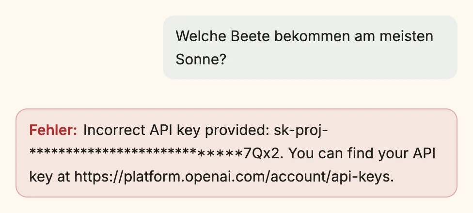 Eine Frage im Chat, darunter ein roter Kasten: „Fehler: Incorrect API key provided: sk-proj-…7Qx2. You can find your API key at https://platform.openai.com/account/api-keys.“