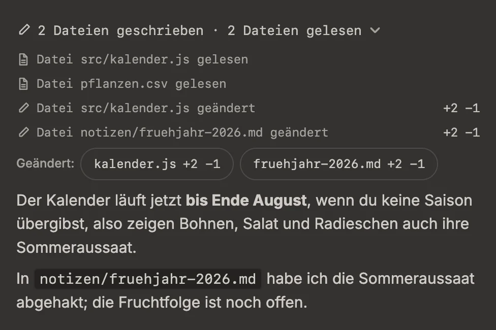 Eine Antwort mit aufgeklapptem Tool-Protokoll: „2 Dateien geschrieben · 2 Dateien gelesen“, darunter die vier Schritte — src/kalender.js und pflanzen.csv gelesen, src/kalender.js und notizen/fruehjahr-2026.md geändert, jede Änderung mit der Zahl hinzugefügter und entfernter Zeilen —, dann die Zeile „Geändert:“ mit kalender.js und fruehjahr-2026.md und der Antworttext.