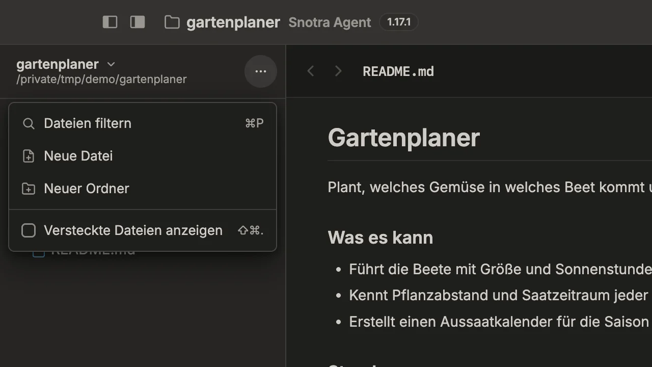 Die linke obere Ecke des Fensters mit dem geöffneten ⋯-Menü des Baums: Dateien filtern (⌘P), Neue Datei, Neuer Ordner und Versteckte Dateien anzeigen (⇧⌘.).