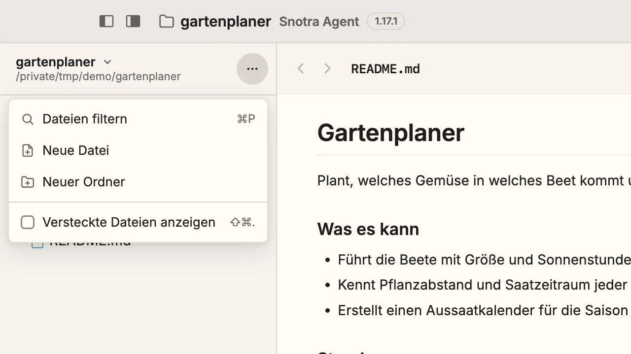 Die linke obere Ecke des Fensters mit dem geöffneten ⋯-Menü des Baums: Dateien filtern (⌘P), Neue Datei, Neuer Ordner und Versteckte Dateien anzeigen (⇧⌘.).