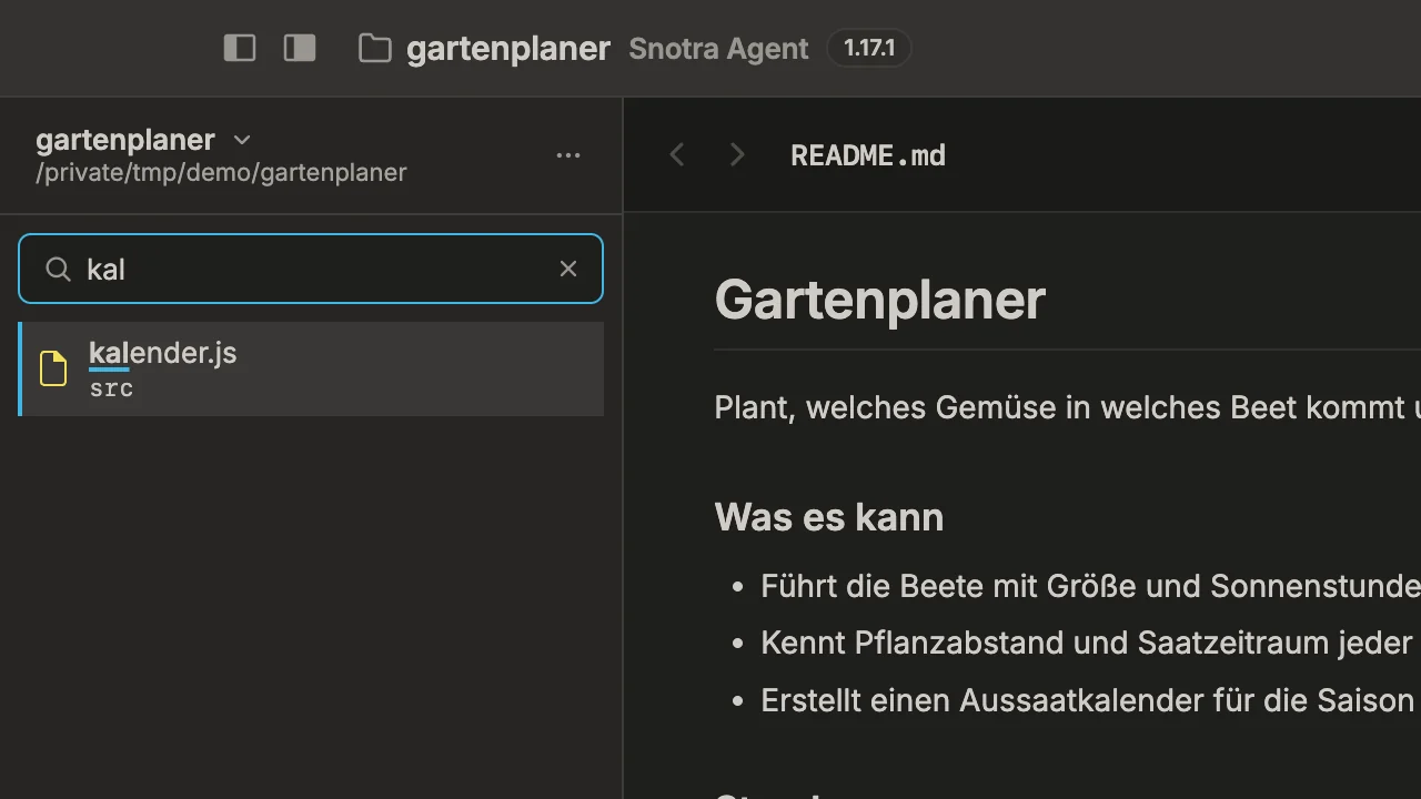 Die linke obere Ecke des Fensters mit geöffnetem Filter: „kal“ im Feld, darunter der Treffer kalender.js aus dem Ordner src, die passenden Buchstaben unterstrichen.