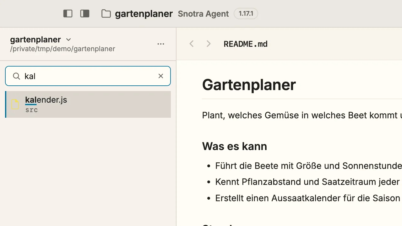 Die linke obere Ecke des Fensters mit geöffnetem Filter: „kal“ im Feld, darunter der Treffer kalender.js aus dem Ordner src, die passenden Buchstaben unterstrichen.